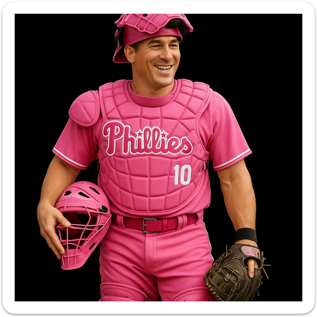 Add realistic catcher's gear to J.T. Realmuto wearing the all pink baseball uniform, maintaining the Mother's Day theme with realistic details. Keep the look consistent with the original image. sticker