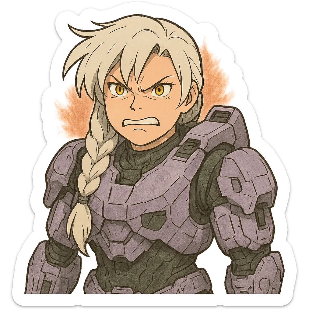 making an angry scowl, frown closed mouth, rage face, rage aura,  female, wearing reach spartan armor shoulder-unequip, long white braid hair with massive messy front side single bangs, gold yellow eyes, attention pose, D-cup size, HALO:series, no helmet, the armor is lavender color scheme, sticker