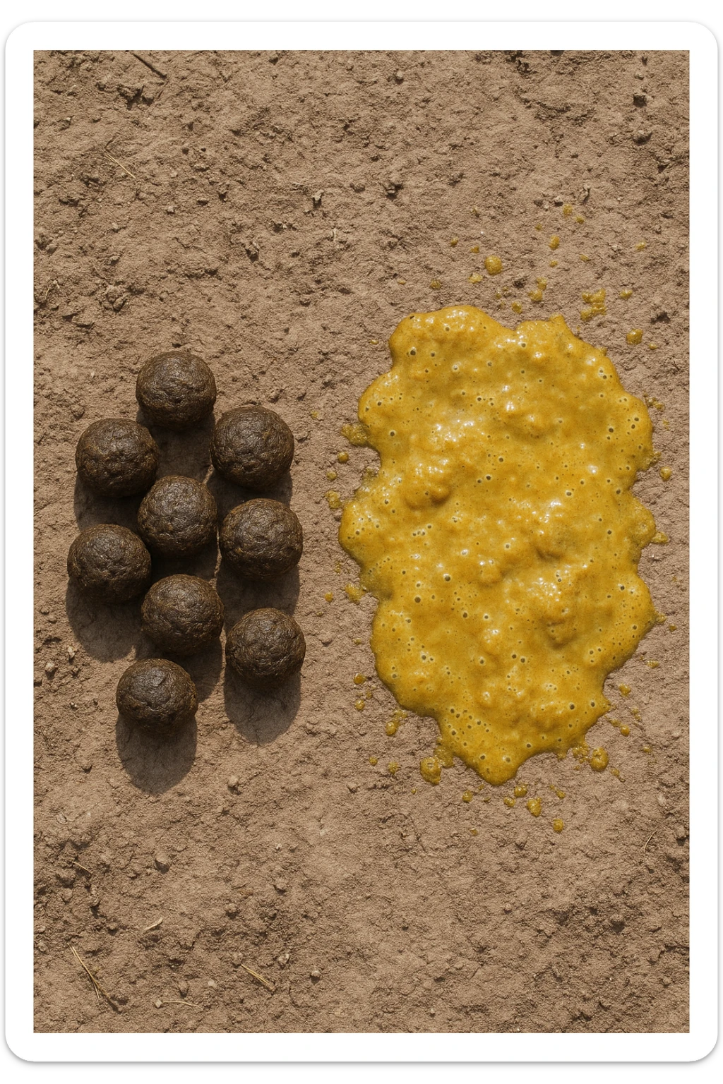 feci di animale a palline viste dall'alto e feci di animale liquide e gialline viste dall'alto, iperrealistico 4k sticker