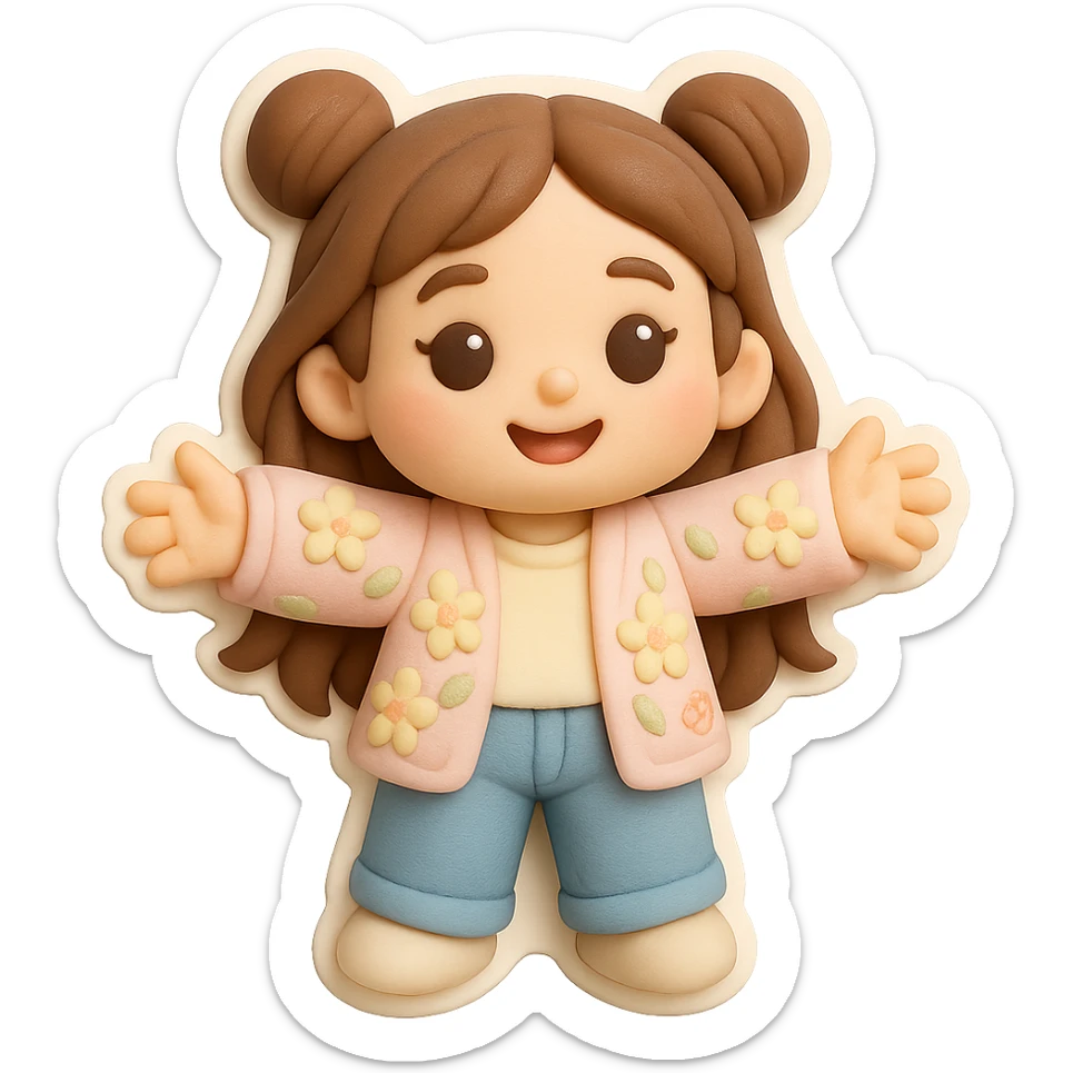 3D chibi fondant cake art style, high-quality rendering with smooth shadows and soft gradients. Girl based on reference image, preserve facial features, long brown hair in two space buns, brown eyes, jeans, pastel floral cardigan, thick white outline like a sticker, transparent background. Reaching out both arms for a joyful hug, consistent appearance with previous stickers. sticker