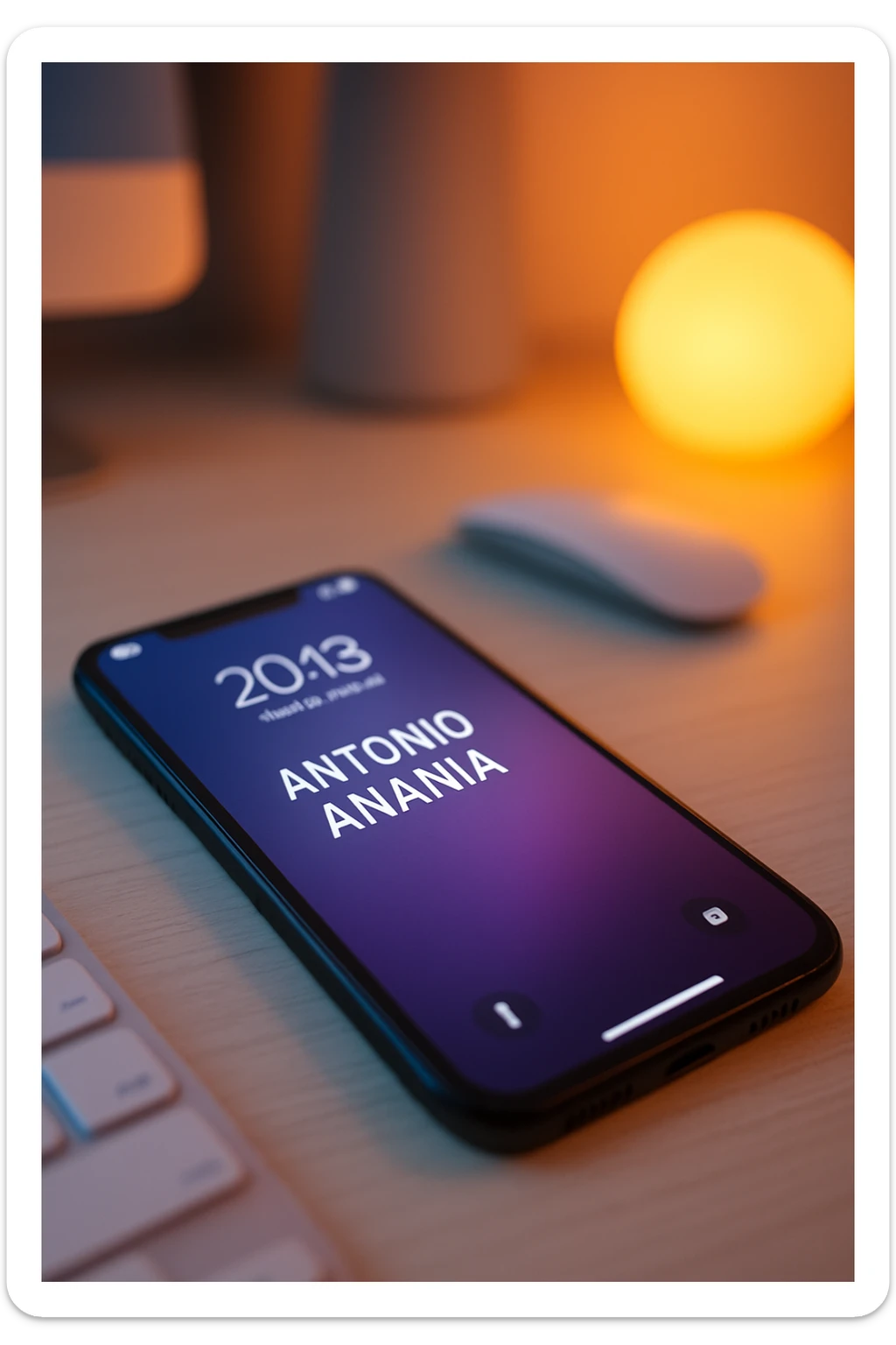 A photo of an iPhone on the desk with the message "Antonio Anania" on its screen, The phone sits atop a desk with a blurred background that suggests work environment. A faint glow from above casts gentle shadows across the surface of each object, creating depth and highlighting their textures sticker