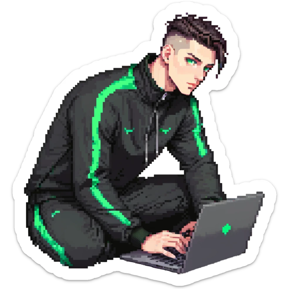 male with dark hair, high fade haircut, high slick back hairstyle, green eyes, wearing a black tracksuit, coding on black laptop sticker