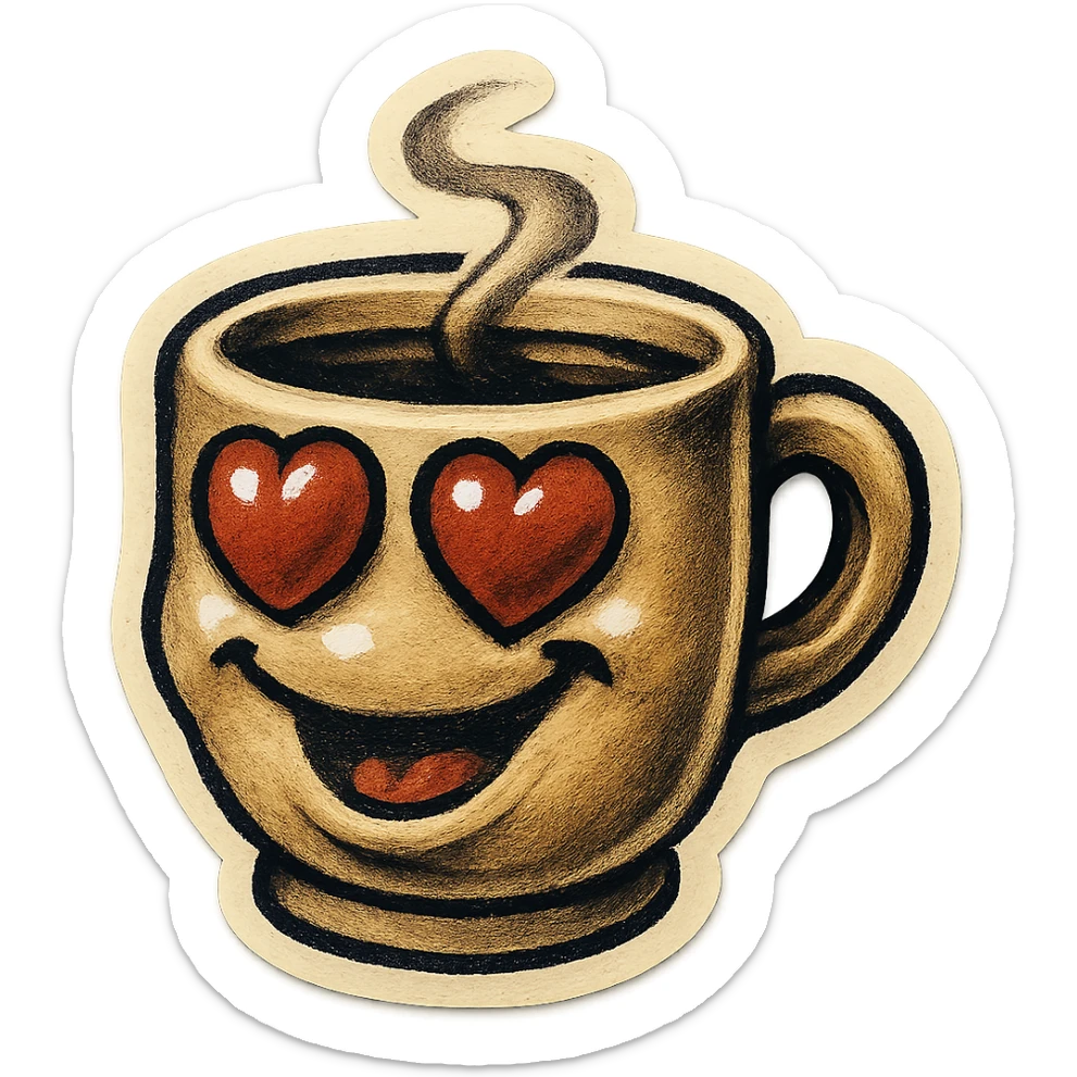 Ink wash style, coffee cup creature, big heart eyes, dopey smile sticker
