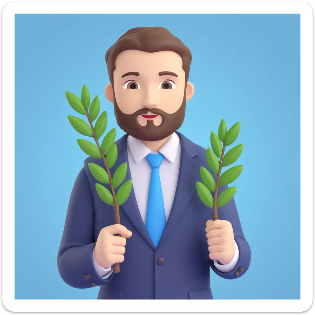 3D emoji style portrait of a man with short hair and beard, in a suit and white shirt, blue background with a white laurel branch sticker