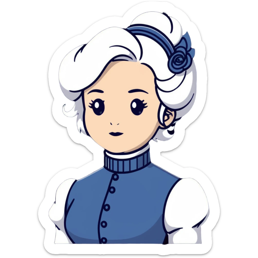 Victorian woman with white coiffed hair, modest turtleneck Victorian dress, and an awestruck expression sticker