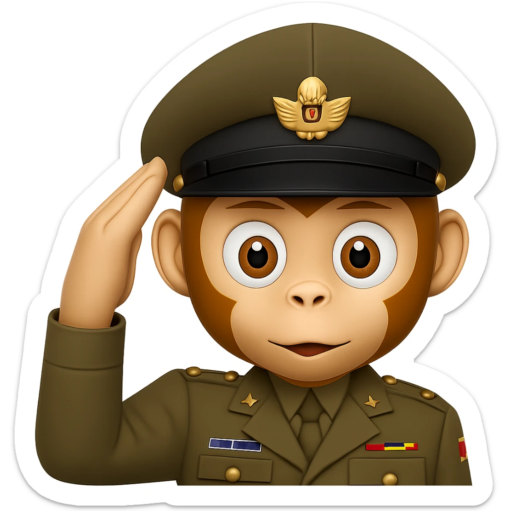 Add a classic military hat to the cute monkey face giving a military salute in emoji style with transparent background. sticker