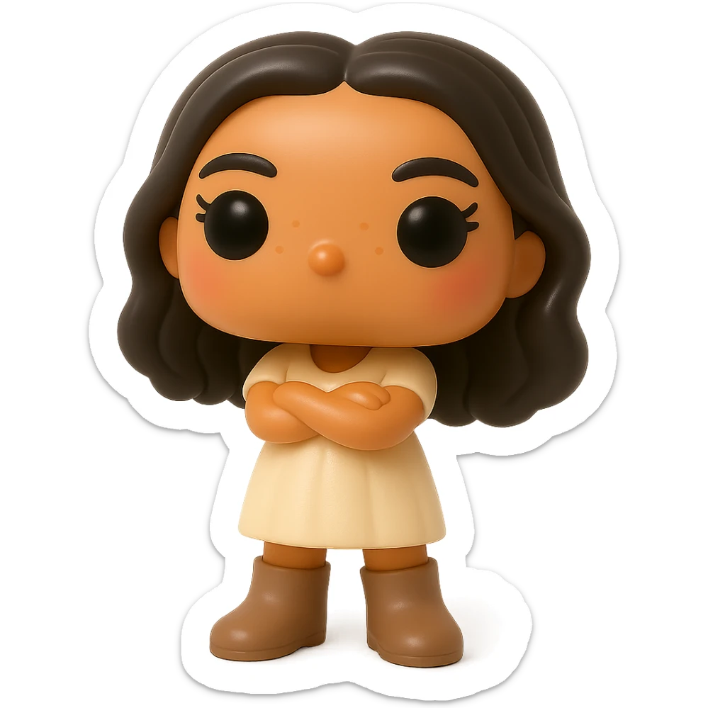 Enhance the vinyl figure in Funko Pop style with superior quality, smooth tanned skin, detailed dark hair, textured feminine cream dress, greige leather boots clearly visible, arms crossed, rosy cheeks, very discreet freckles, eyelashes, mischievous and cheerful expression, no mouth, transparent background. sticker