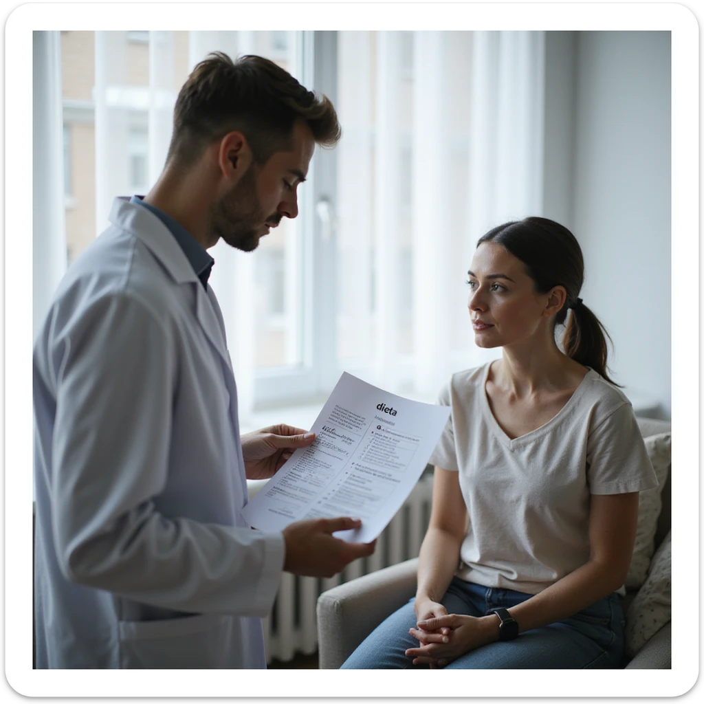 hyperrealistic 4K image of a male nutritionist in a white coat giving a sheet with the word 'dieta' to a seated woman, medical office, variation 10 sticker