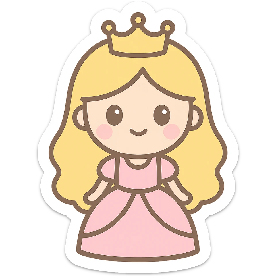 cartoon-style princess emoji with long hair, wearing a golden crown, smiling softly, dressed in a royal gown, kawaii style sticker