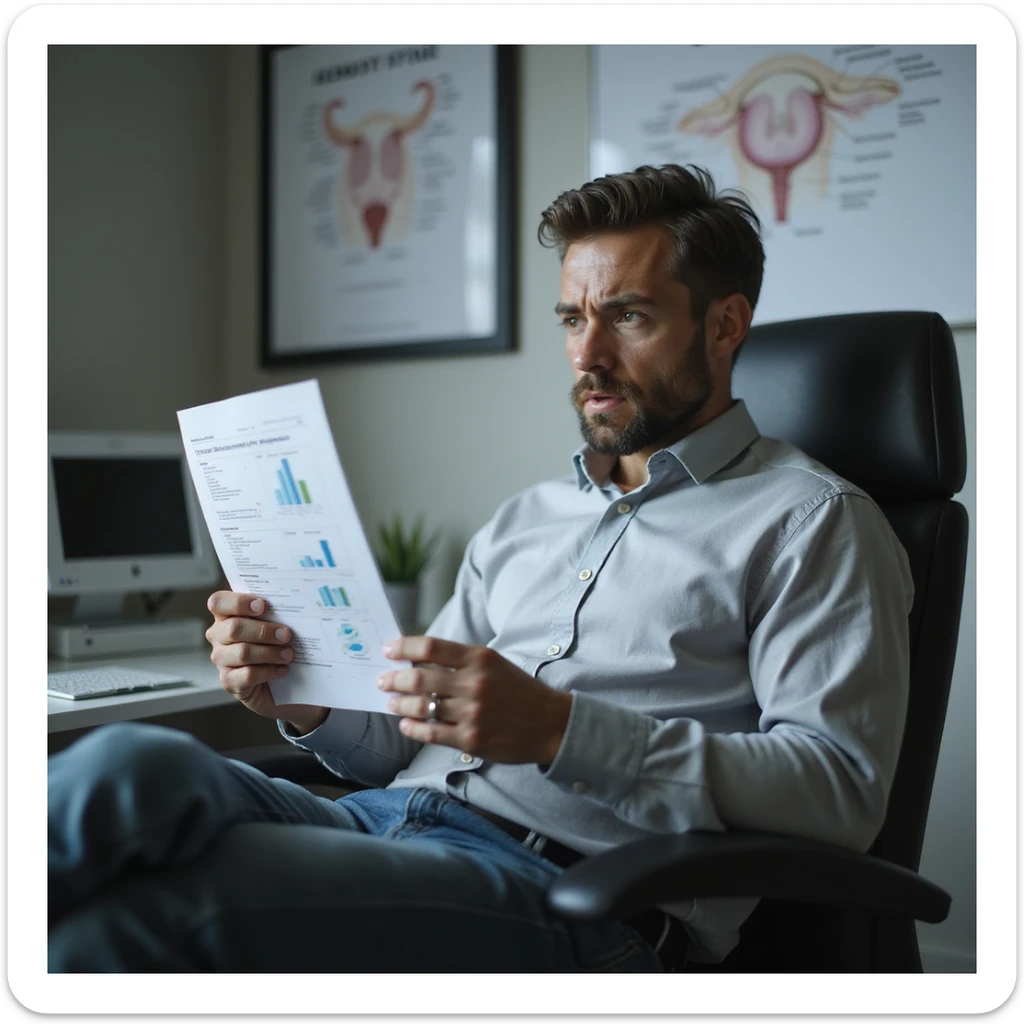 hyperrealistic 4K image of a man in his 30s sitting alone in a doctor's office, staring at semen analysis report with 'azoospermia', hands gripping paper tightly, worried and hopeless look, fertility diagrams on wall sticker