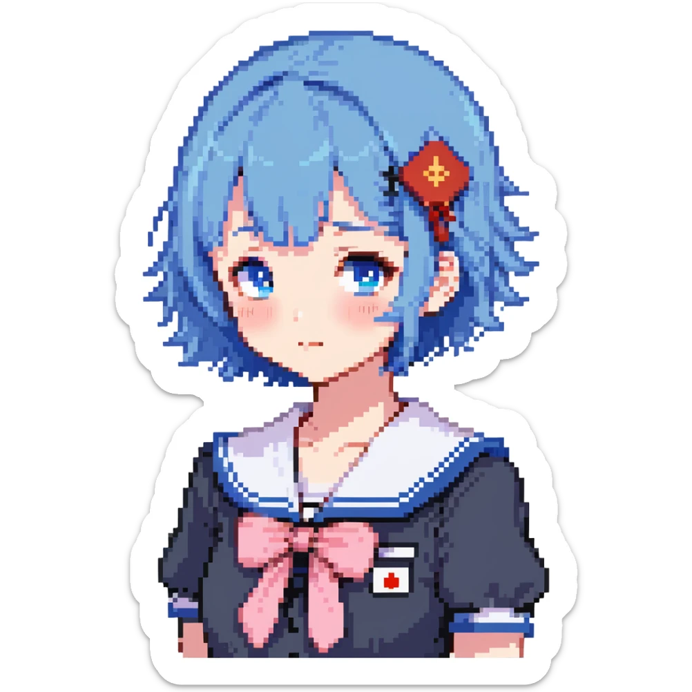 Pixel art anime girl with short bright blue hair wearing Japanese sailor style school uniform, standing with hand on hip but shyly glancing down with a small blush, small timid wave, very shy sticker