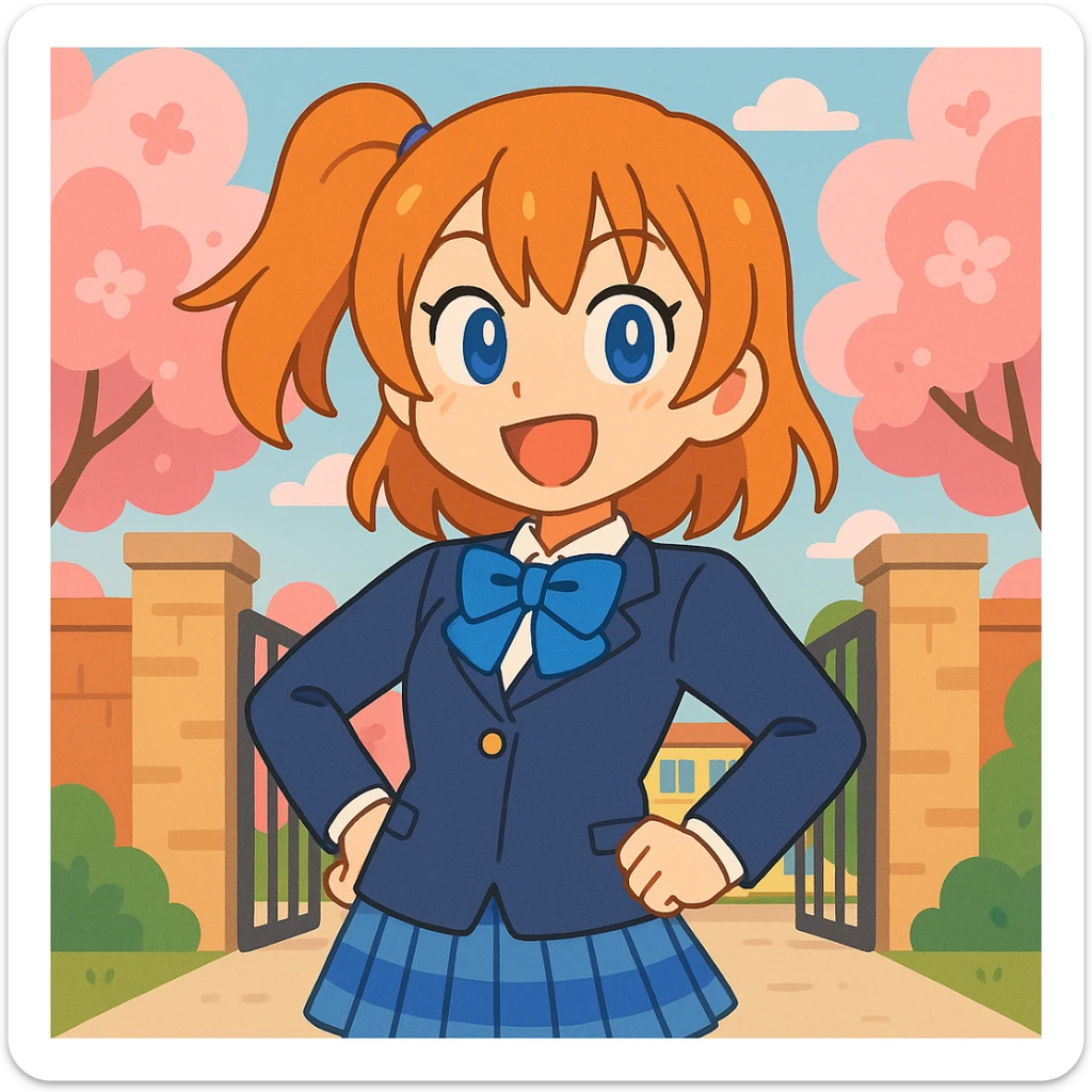 cheerful anime schoolgirl with orange hair, blue eyes, school uniform, spring cherry blossoms, confident pose, lively school gate background, Love Live! style sticker