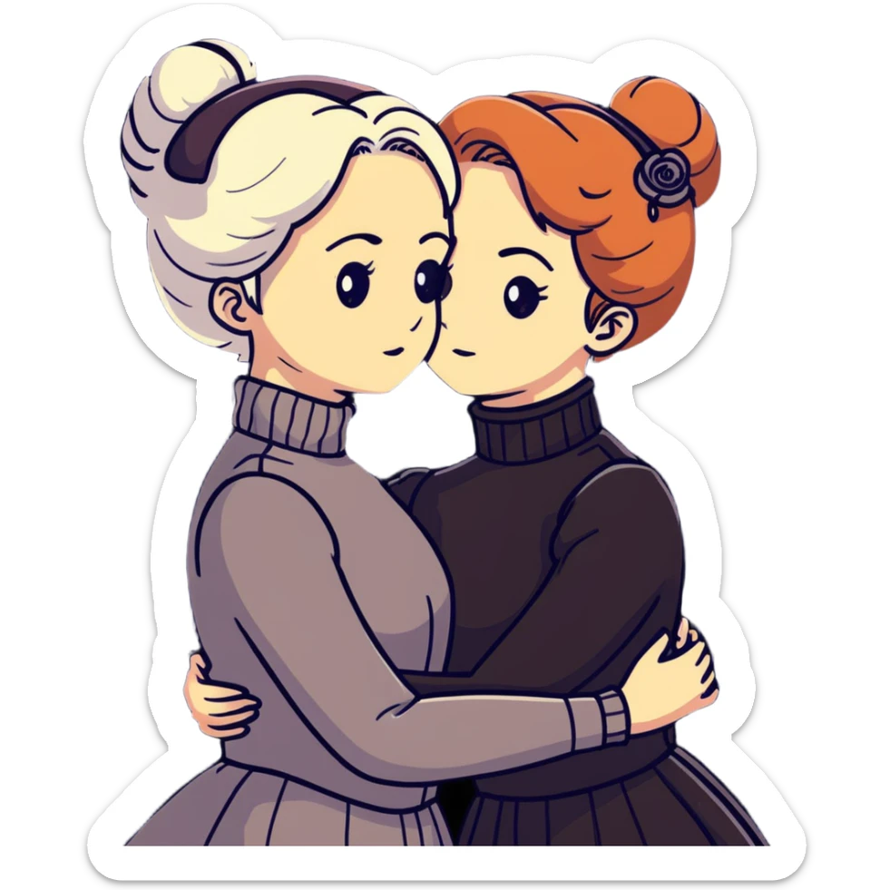 Two Victorian women with light eyes, one with bright white coiffed hair and one with dark copper coiffed hair, wearing Victorian turtleneck dresses, embracing each other in a sad, intimate hug sticker