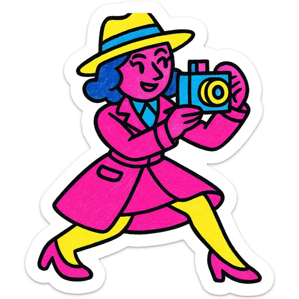 1930s private detective elegant woman, dynamic pose with camera, colorful art deco style sticker
