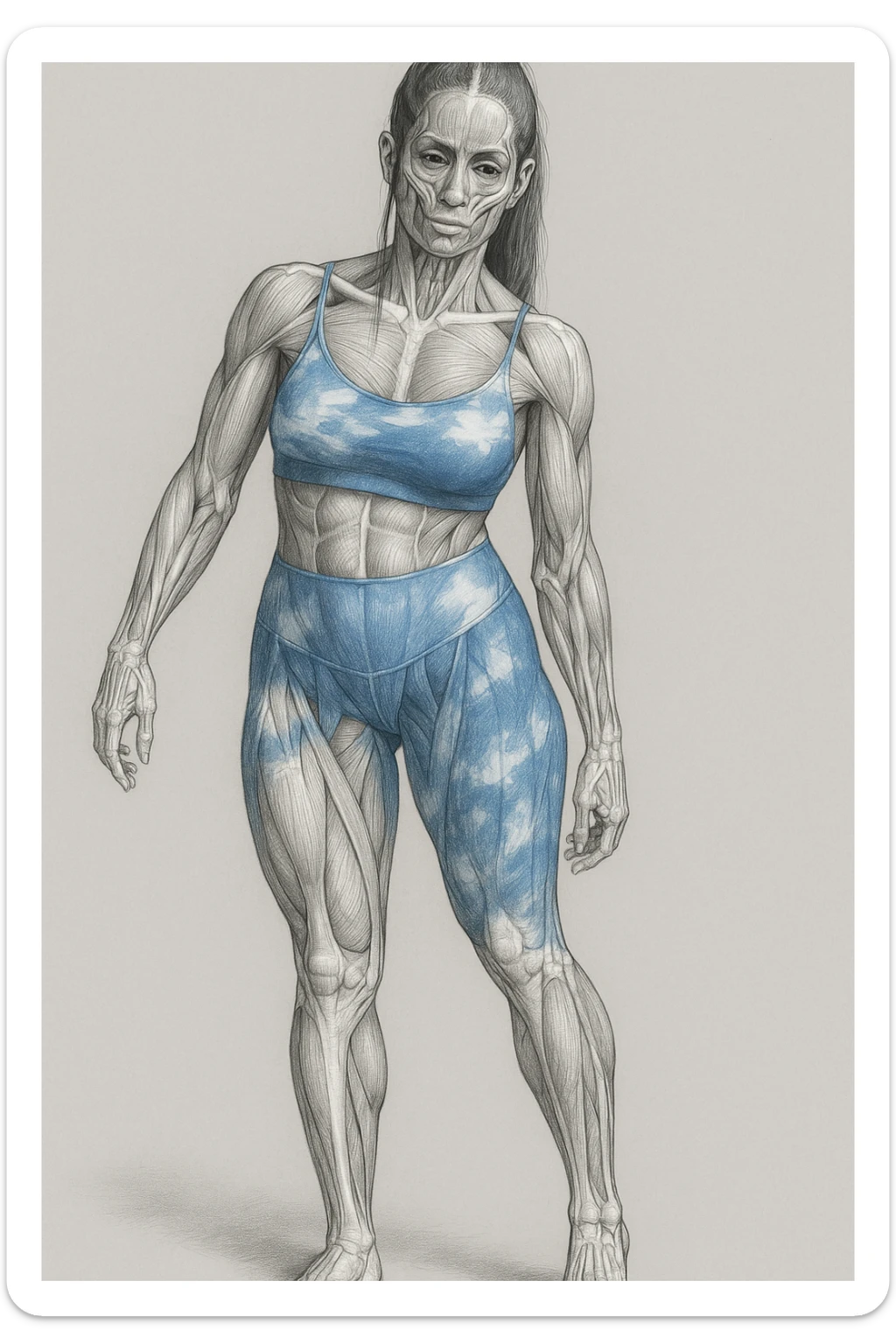 A realistic medical style illustration of a woman in sportswear with an asymmetric posture, showing visible muscles and bones, neutral background, vertical format. sticker
