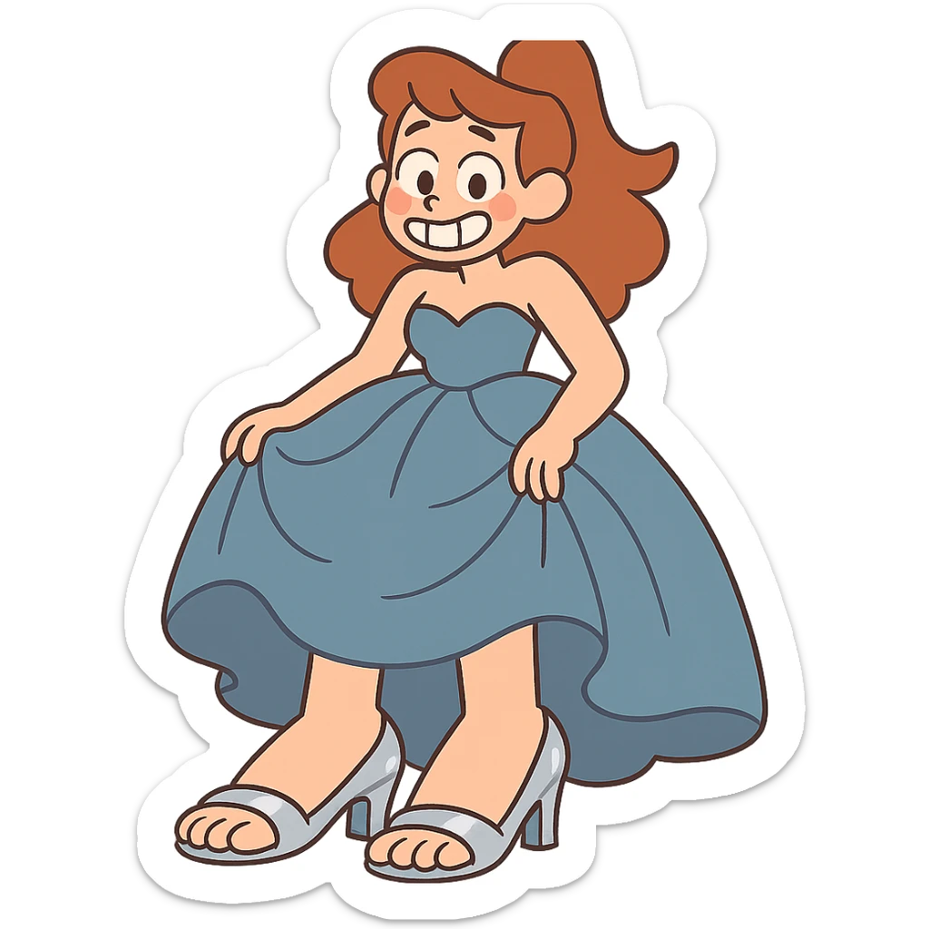 girl with big feet wearing silver heels and a big blue-grey prom dress sticker