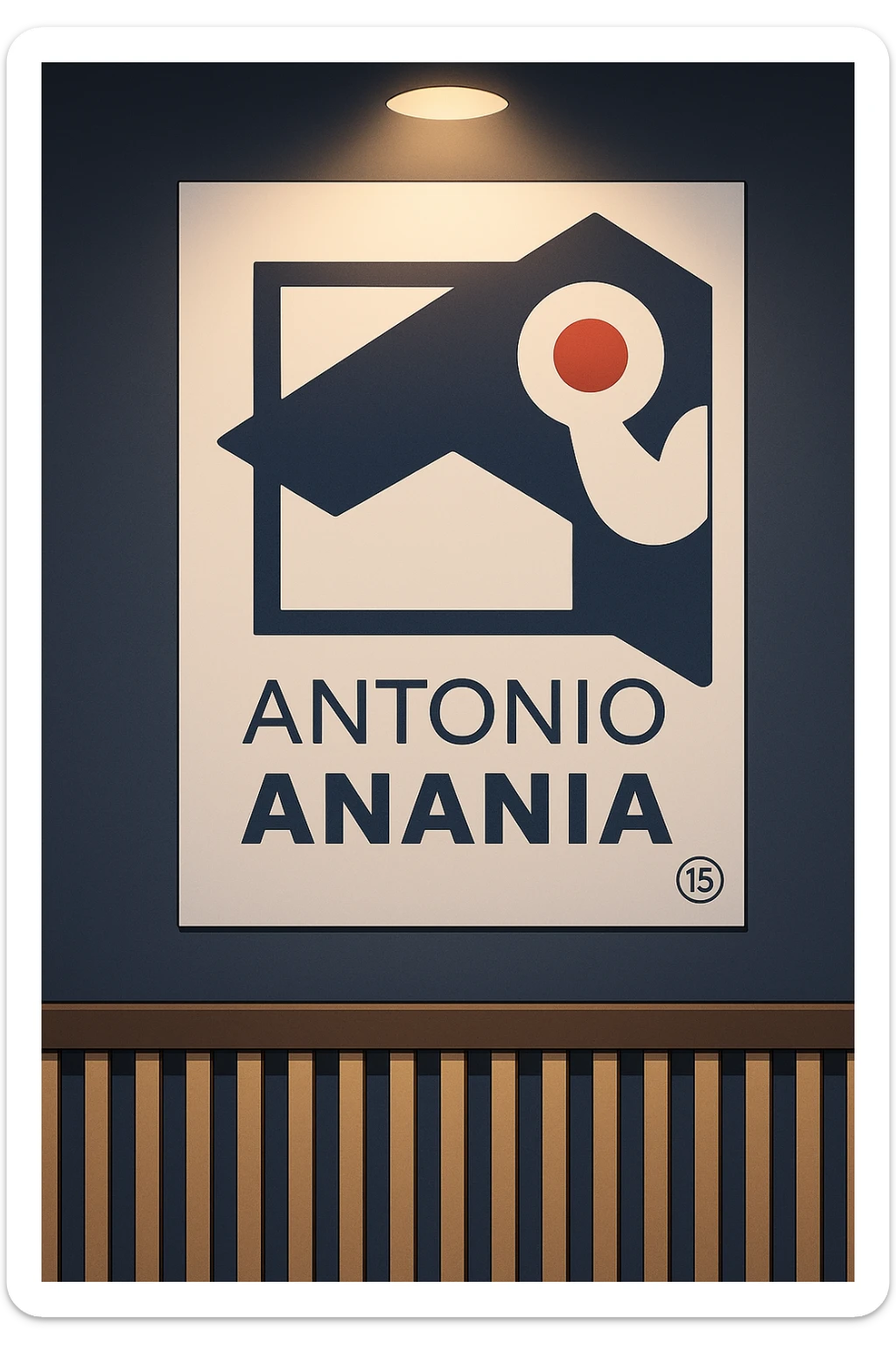 su questo stile fai un manga/webtoon a colori in cui mostri quella parete dietro dello studio con il suo logo e la scritta "ANTONIO ANANIA" SOTTO IL LOGO, LUCE CHE ILLUMINA IL LOGO sticker