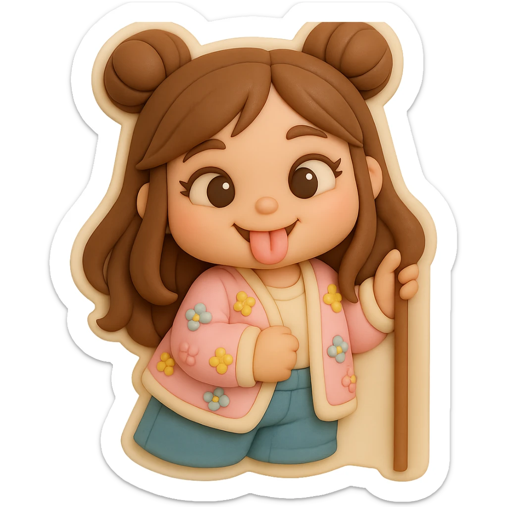 Create a 3D chibi fondant cake art style image of a girl based on the reference image. Preserve the facial features and eye shape exactly as in the reference. She has long brown hair styled in two space buns and brown eyes. The girl is sticking out her tongue playfully with a kind, happy tease expression. Include a thick white outline like a sticker and ensure the background is transparent. Render with high quality, smooth shadows, and soft gradients. sticker