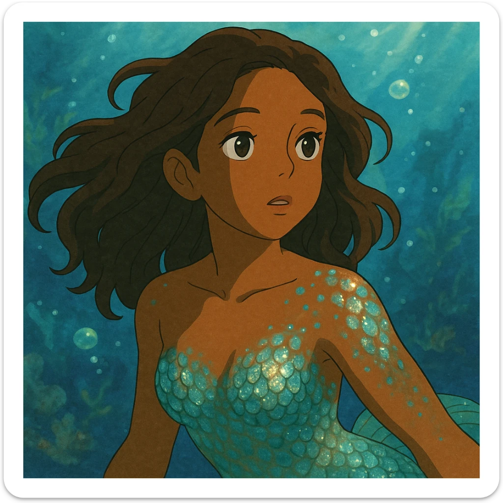 close-up of a mermaid with brown skin, sparkling iridescent scales, dreamy underwater background, ghibli style sticker