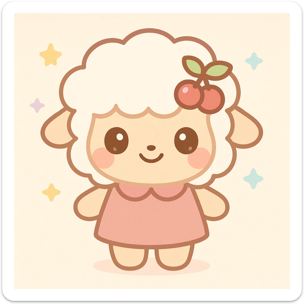 kawaii sheep character with creamy white wool with warm tint, soft warm beige or gentle pastel gray body, rosy cherry pink blush on cheeks, dark brown cocoa eyes with highlight sparkles, deep cherry red cherry hair clip with green leaf detail, outfit or accessory in dusty pink cherry red or pastel coral sticker