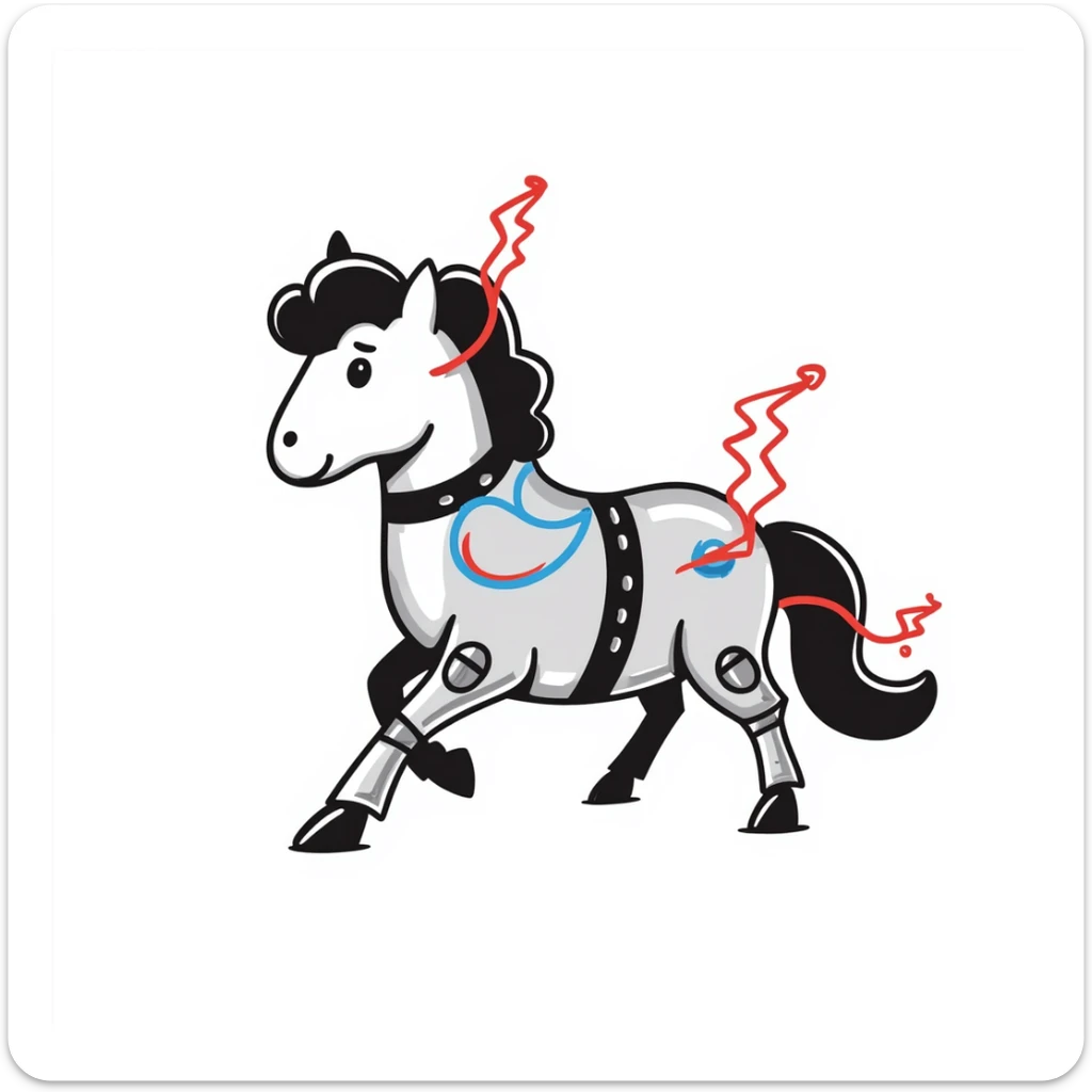 fast electric horse made of electricity, metal plates, bolts, visible blue and red wires, lightning coursing through its body, mechanical look sticker