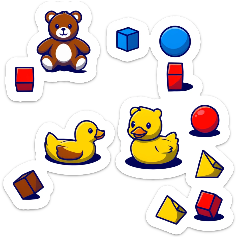 scattered children's toys on floor - teddy bear, rubber duck, blocks, ball, action figures sticker