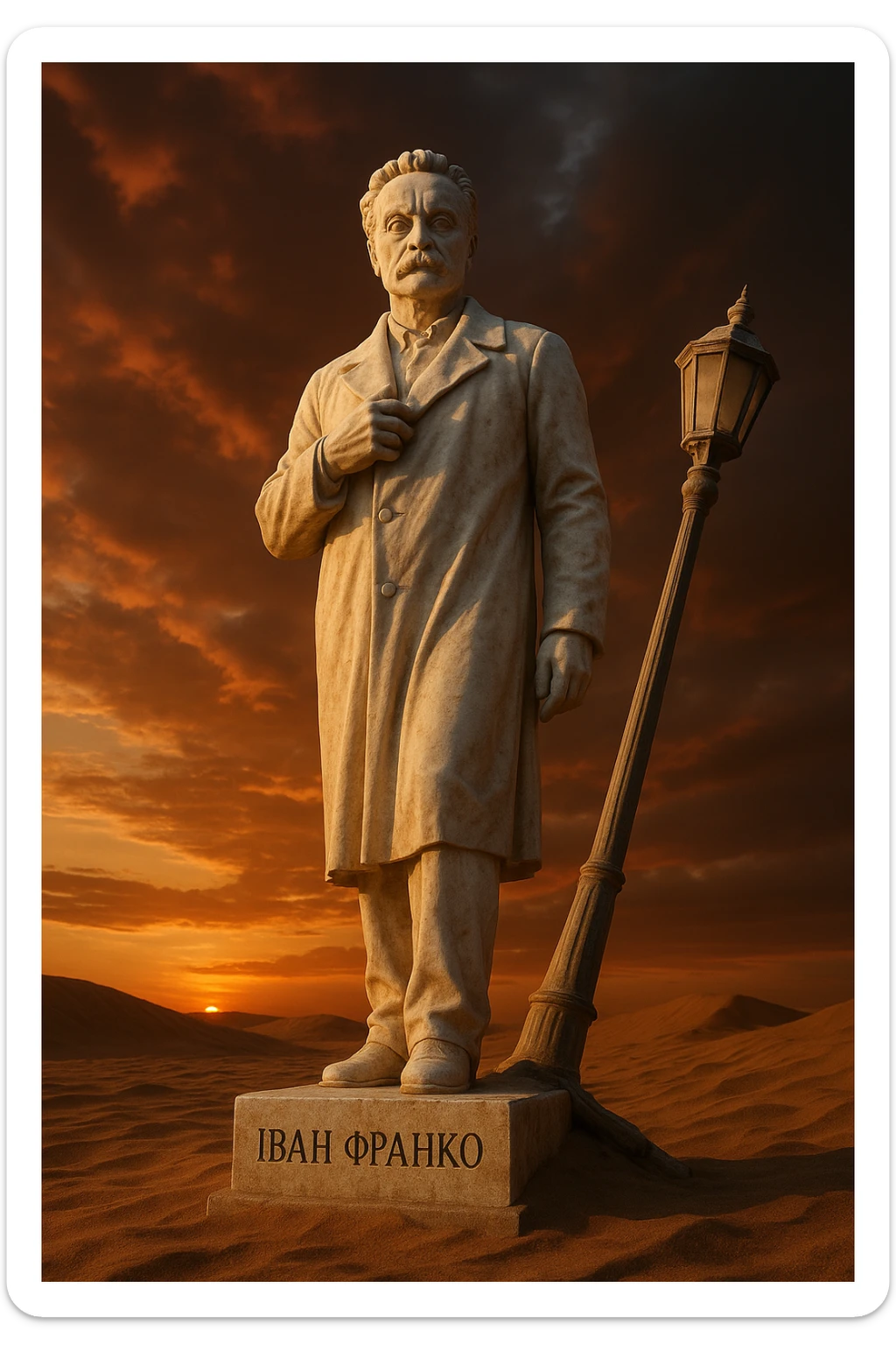 Ultra-realistic full-length marble sculpture of a man standing in desert sand next to a broken lamppost. The pedestal is inscribed with 'Іван Франко'. Dramatic sunset lighting, view from below, low-angle perspective. sticker