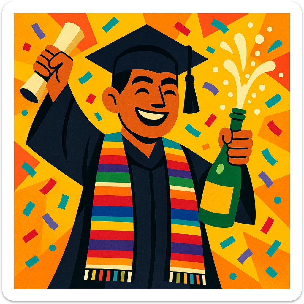 Mexican graduate in traditional graduation attire, confetti all around, champagne bottle bursting, energetic and festive mood sticker