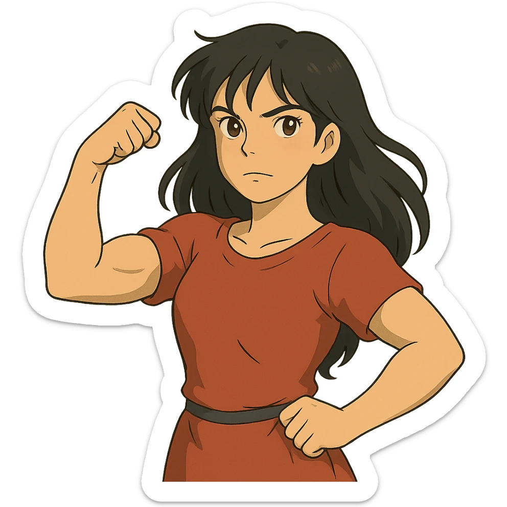 ghibli style strong girl with brown eyes, long slightly wavy black hair sticker