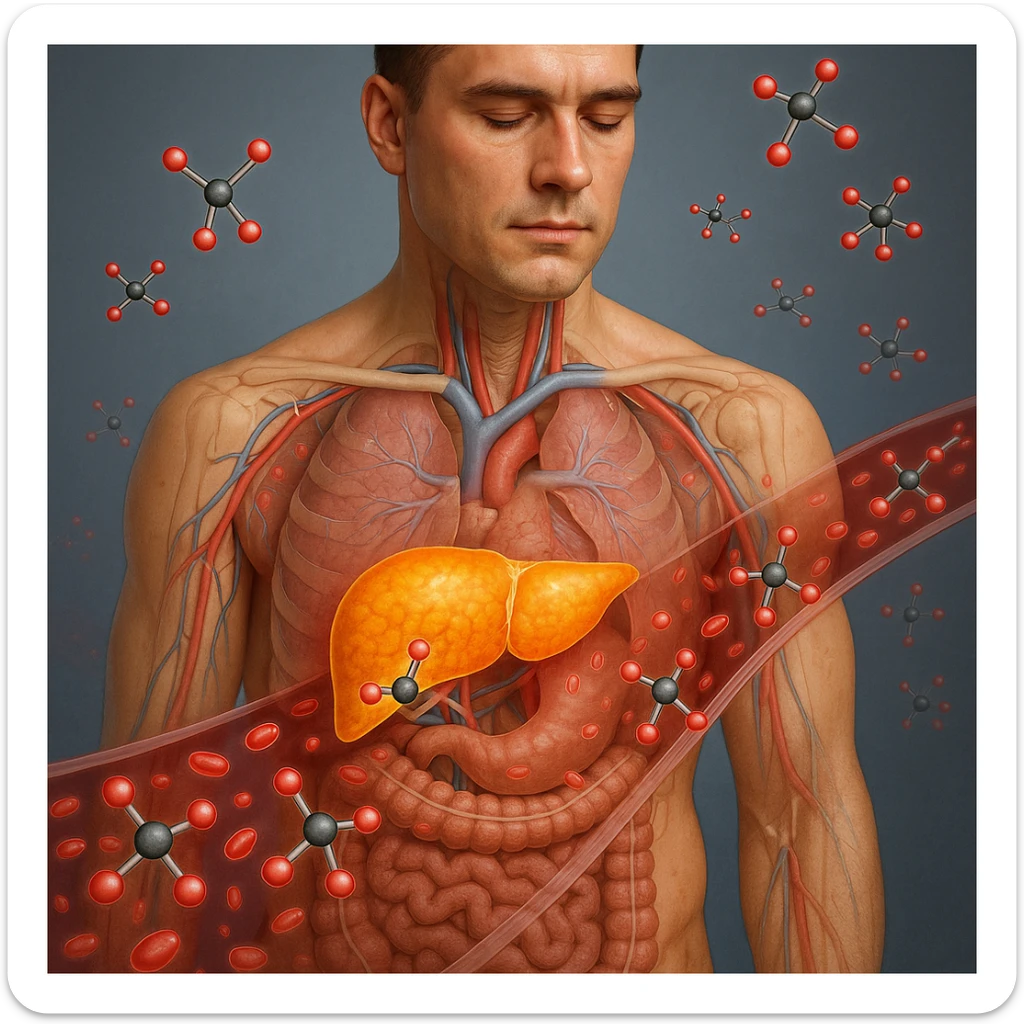 realistic human body in 4K with anatomical overlay highlighting the liver and ketone body production, stylized ketone molecules visible in the blood sticker