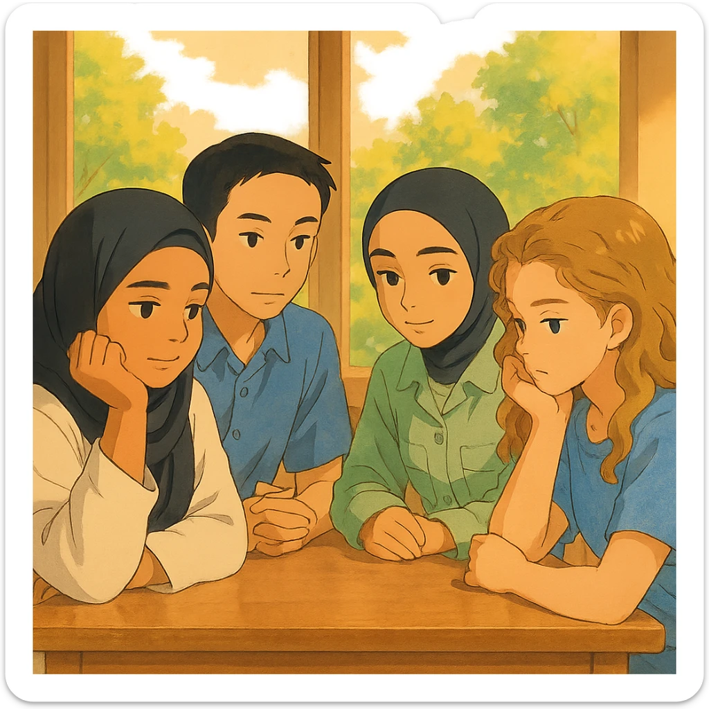 Quatre étudiants inspirés des photos, assis ensemble autour d'une table, en pleine réflexion, ambiance détendue et amicale, fond lumineux et chaleureux, style Ghibli. sticker