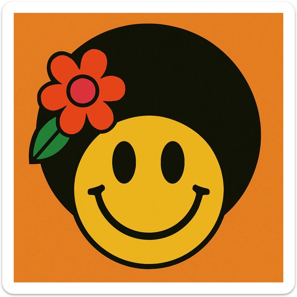 smiley face with an afro, flower in hair, 1970s hippie look sticker