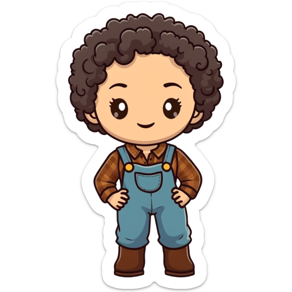white girl with very curly dark brown hair, brown eyes, wearing farm clothes sticker