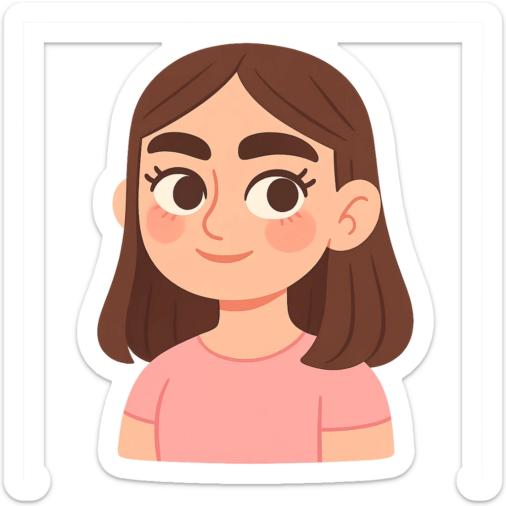 pastel toon style pretty girl with thick eyebrows, straight brown hair and brown eyes, curled eyelashes sticker