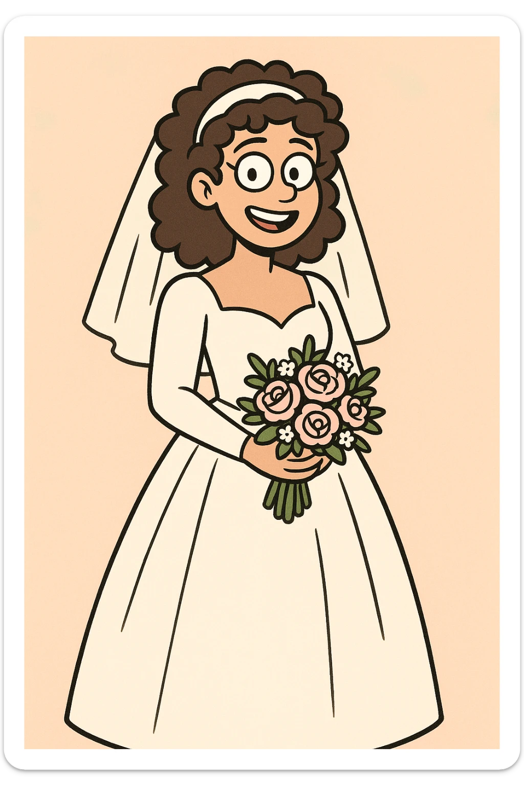 bride with curly hair, holding bouquet, classic wedding gown, gentle pastel background, cartoon style sticker