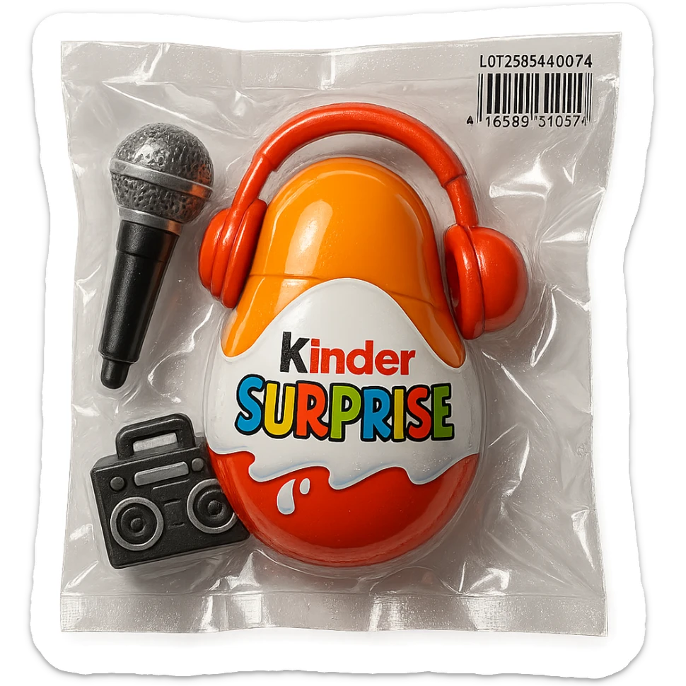 Kinder Surprise egg opened showing toys: microphone, boombox, headphones, shiny and inflated vacuum-sealed style sticker