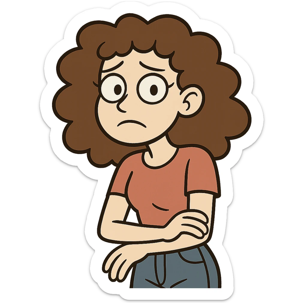a girl with curly hair, pale skin, and blue eyes, cartoon style sticker