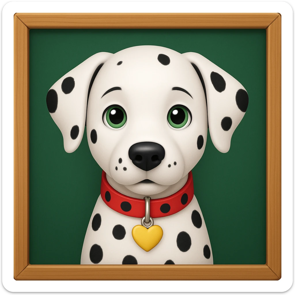 Dalmatian in front of a green school board in a wooden frame, iphone emoji style sticker