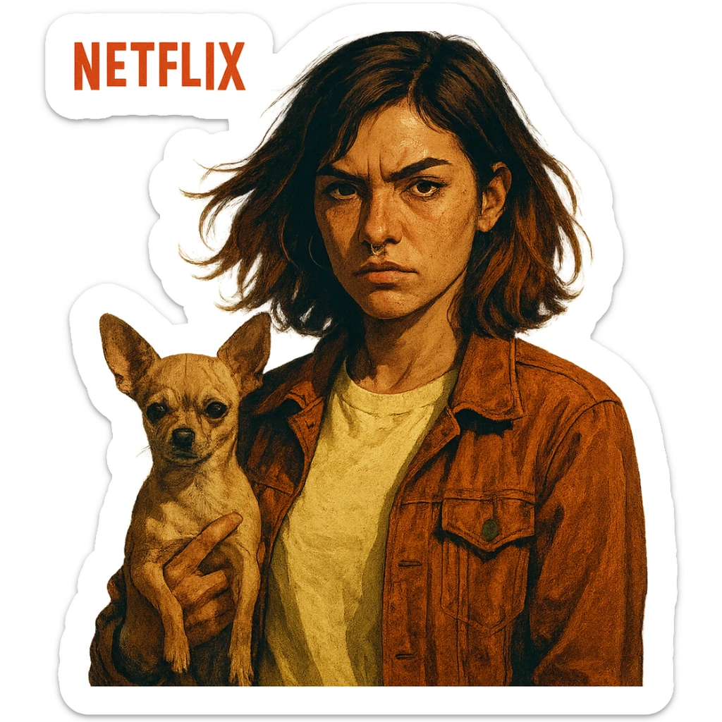 stylized Netflix series style portrait of a rebellious woman with tanned skin, freckles, pale yellow shirt (#FFF8CA), rust-colored jacket, medium-length brown hair with auburn highlights, holding a beige-brown chihuahua, transparent background sticker