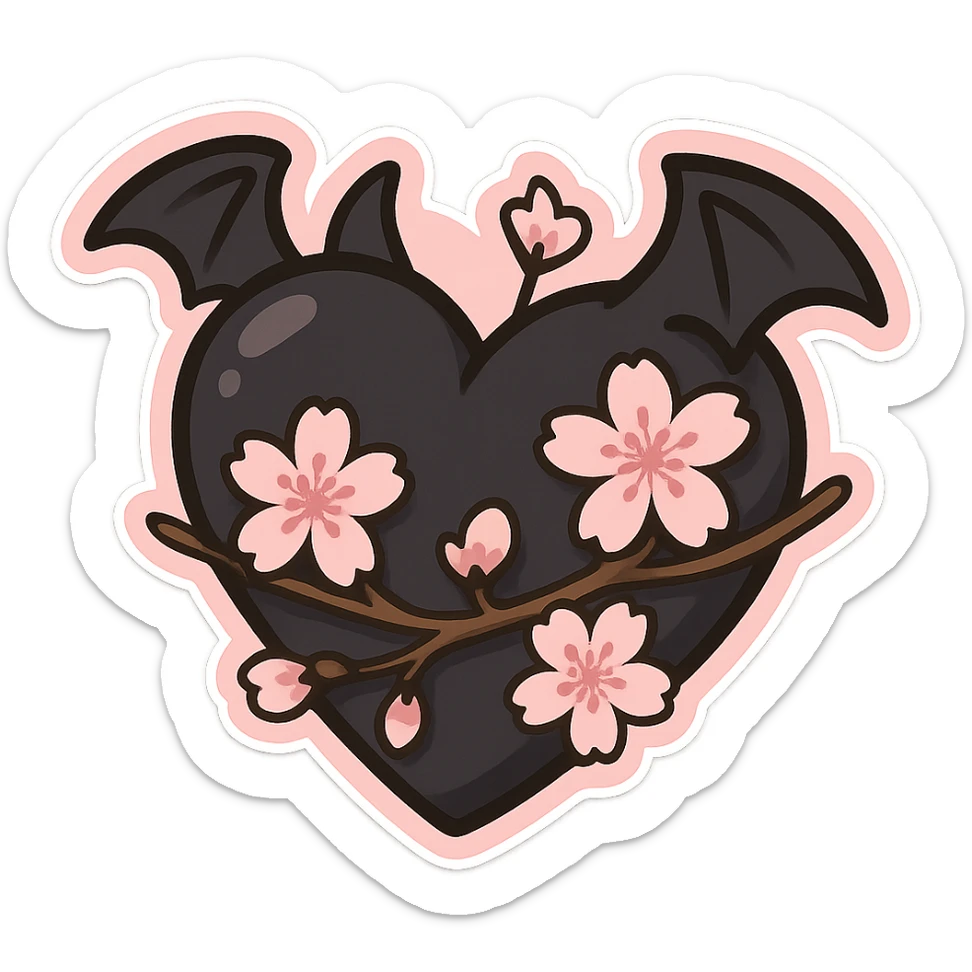 goth sakura heart, black heart with sakura branch and blossoms, pink highlights, playful and sweet sticker