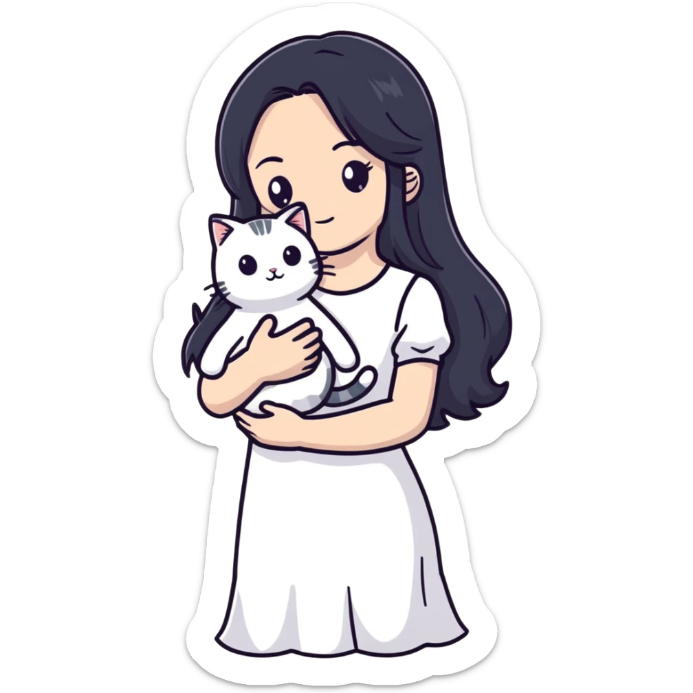 beautiful girl with long black hair wearing a white dress holding a cat in her arms sticker