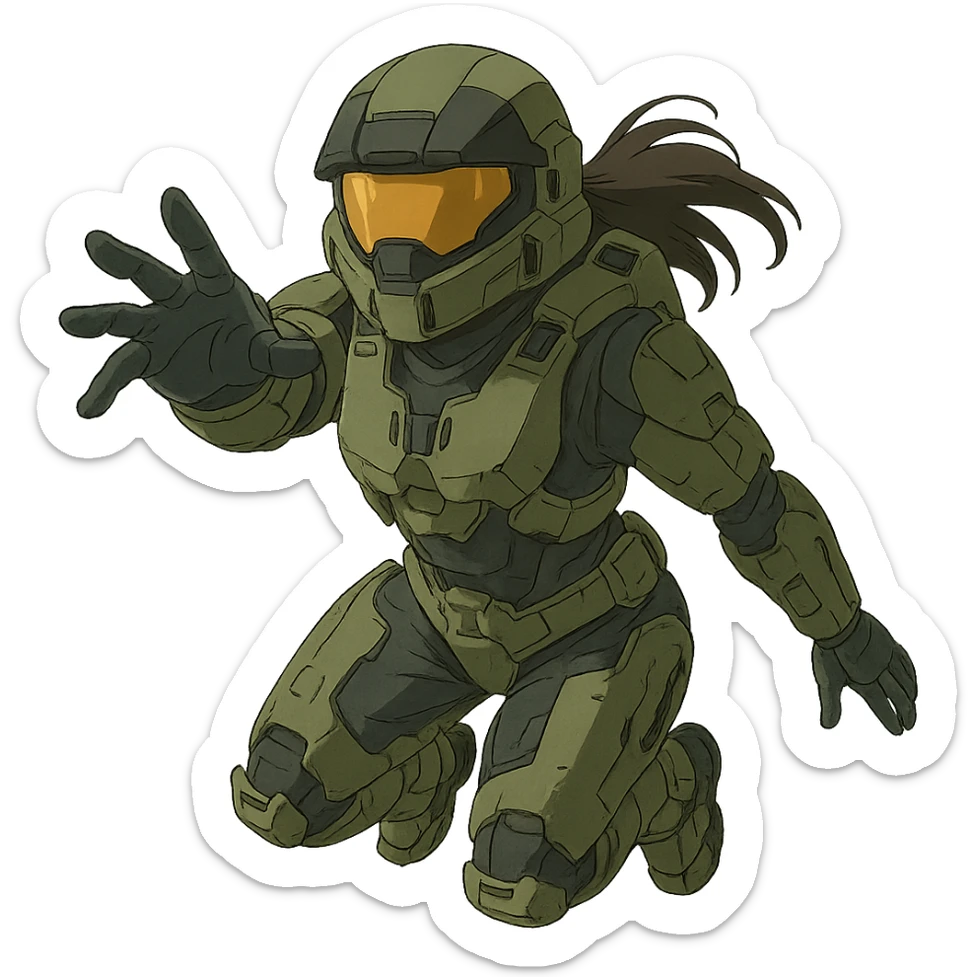 1 female, strengthened sIII spartan-3 helmet with a black visor, a tactical female space warrior floating in zero-g EVA operations, reaching in front of her sticker
