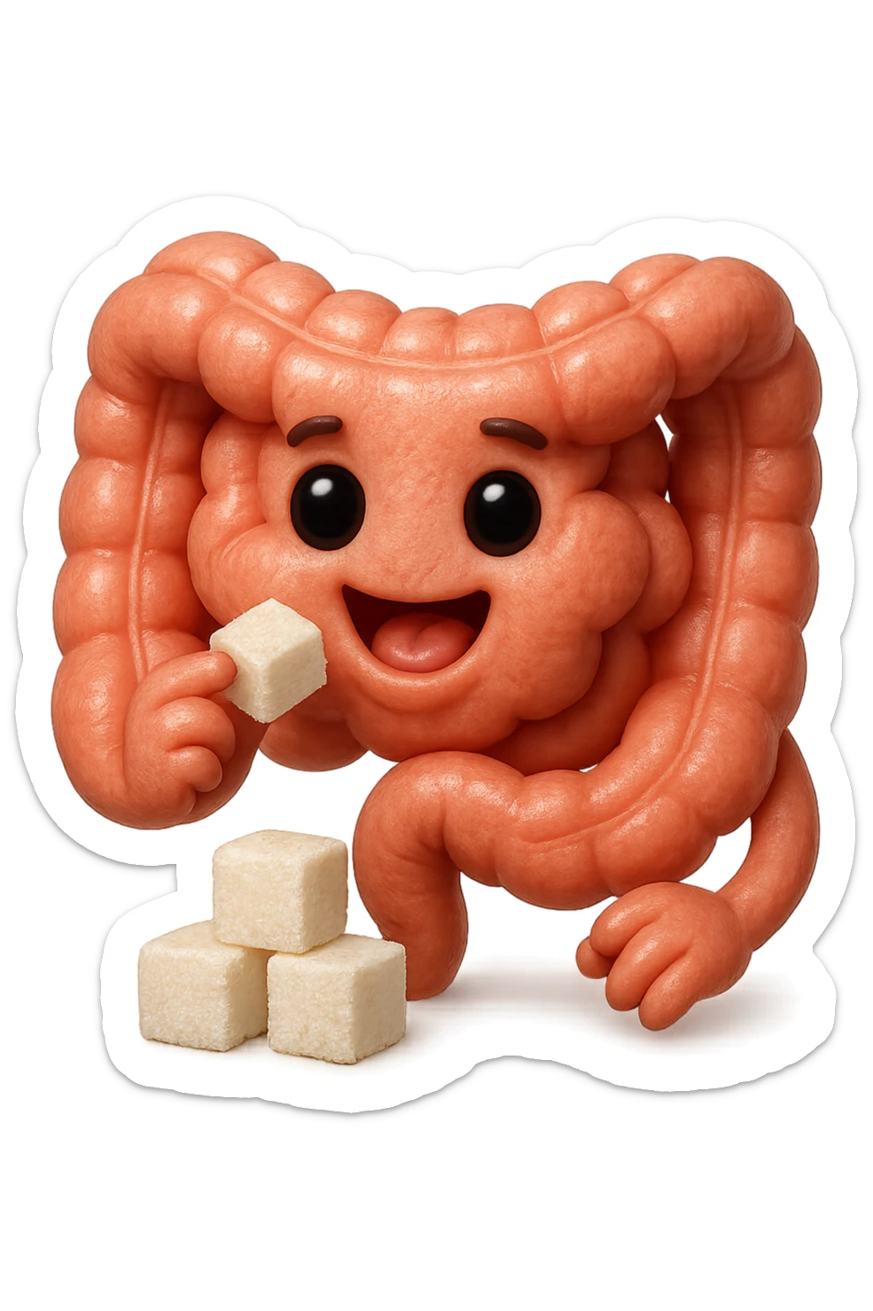 emoji stile iphone di un intestino anatomico che mangia zollette di zucchero, iperrealistico 4k, isolato su sfondo bianco sticker