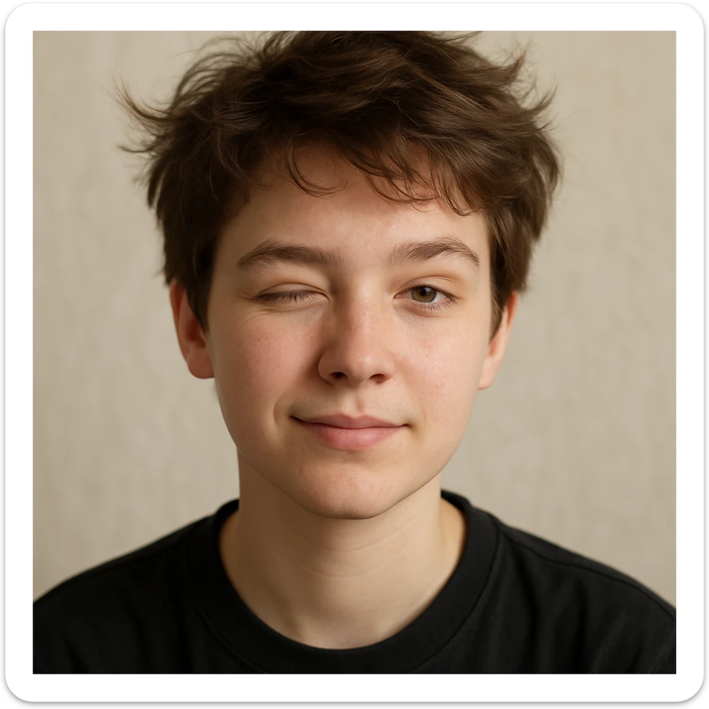 realistic portrait of a young person with short tousled brown hair, light skin, winking, inspired by the reference image sticker