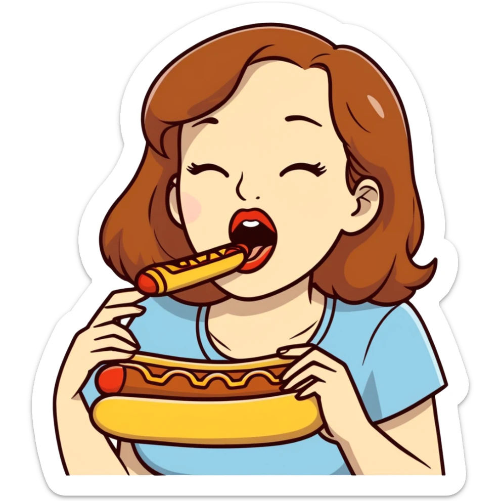 Caucasian woman with brown hair big boobs licking a hotdog sticker