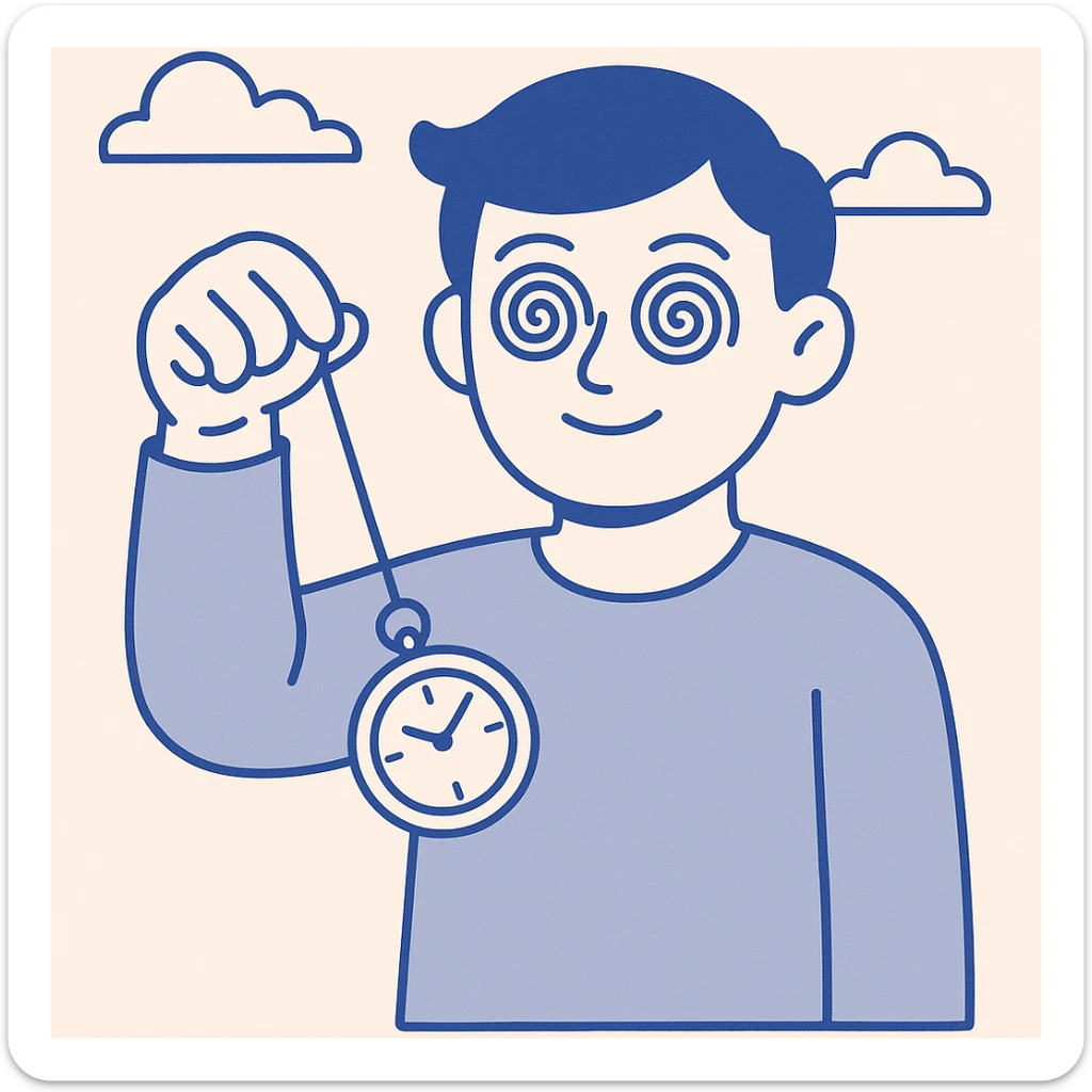cartoon person with hypnotic spiral eyes holding a swinging pocket watch, clear expressive style sticker