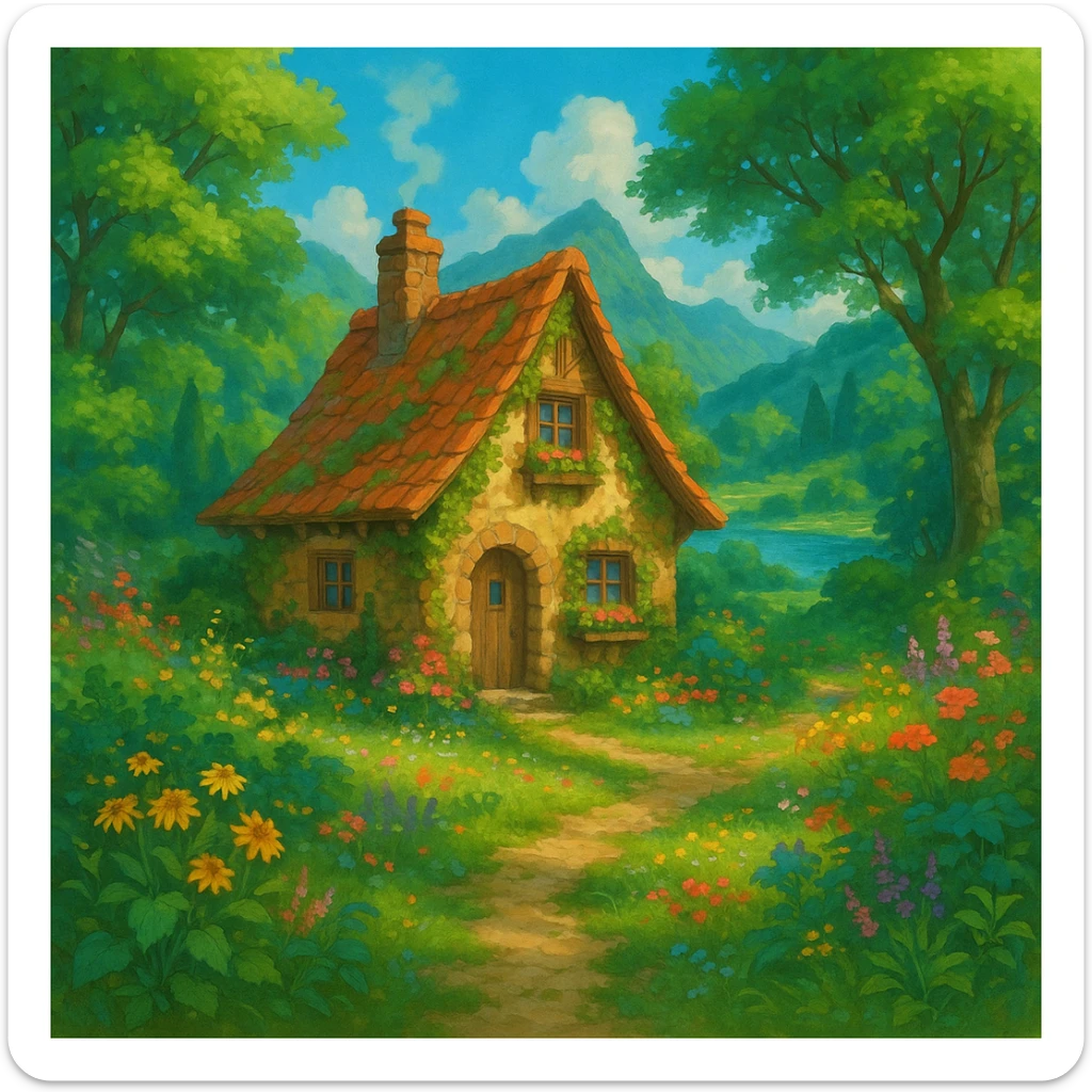 a cozy cottage in a magical landscape, ghibli style, detailed, enchanting, lush environment sticker