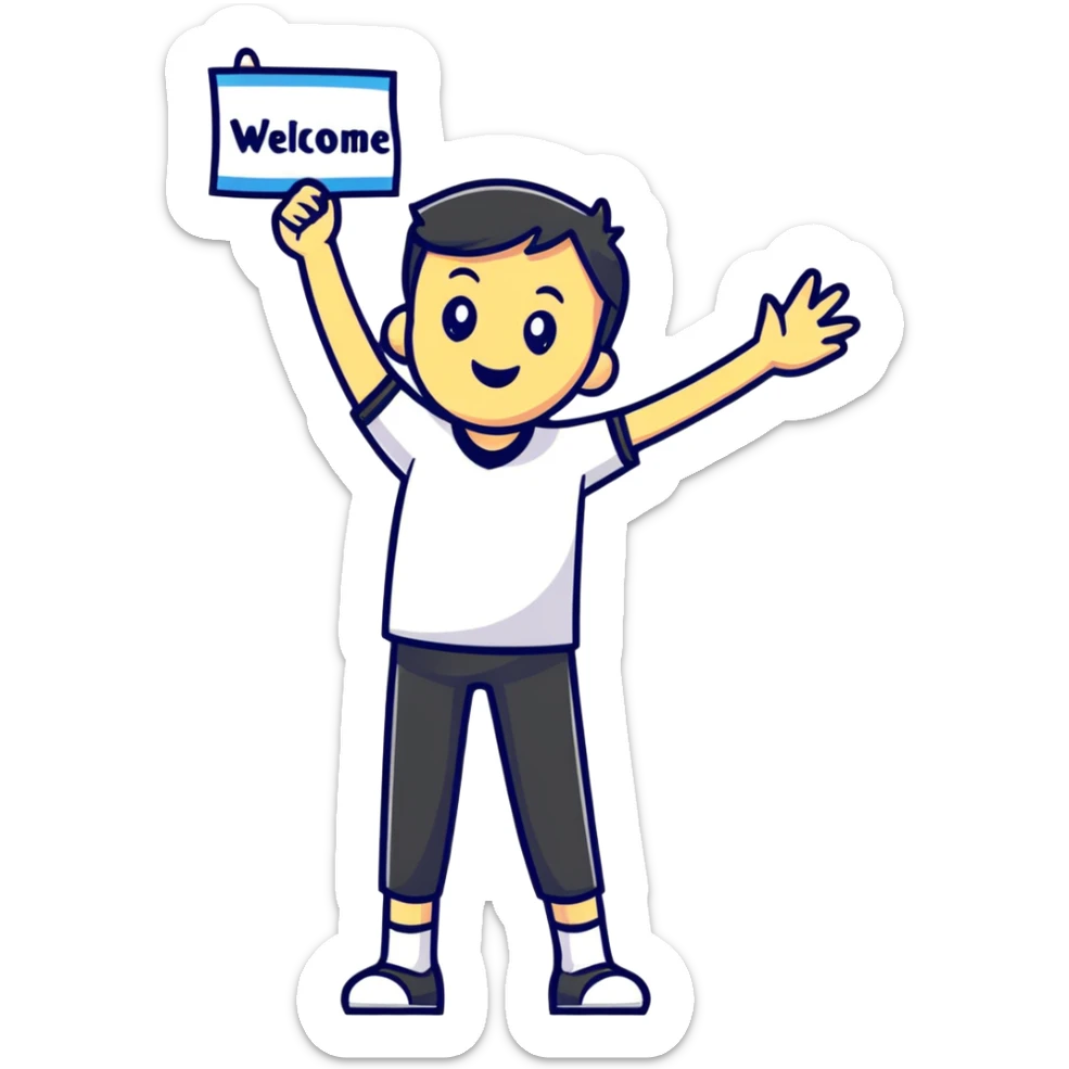 colorful sticker of a waving character with a 'Welcome!' banner sticker