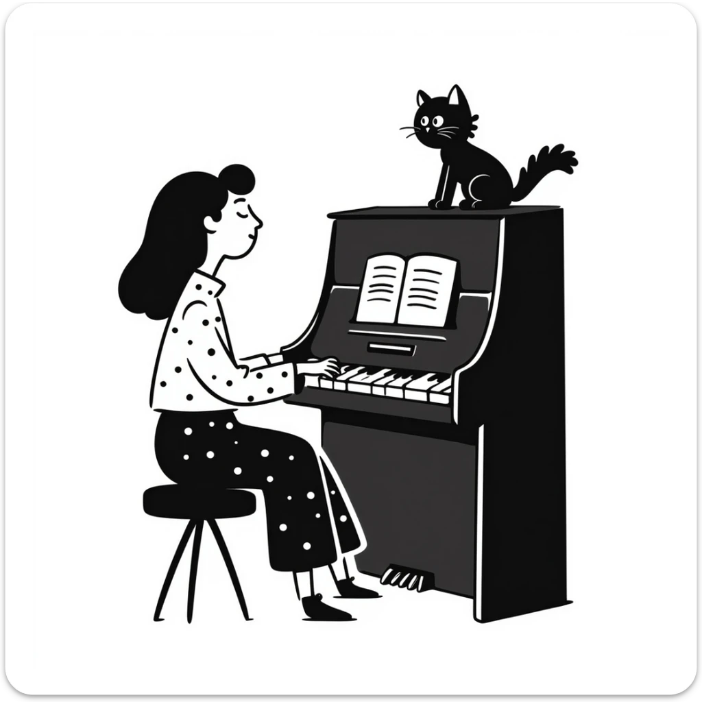 woman playing piano while her cat sits on top of the piano sticker