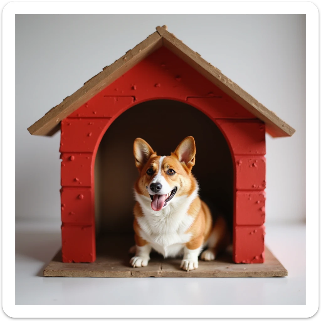 realistic red dog house with a Corgi dog inside, Corgi sitting at the entrance, photorealistic style sticker